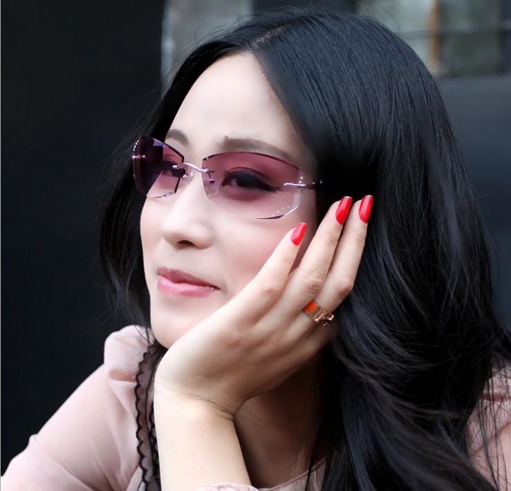 无框切边太阳镜 超轻 水晶切边镶钻眼镜 近视太阳眼镜 女款