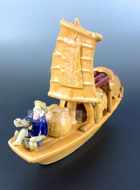 招财摆件山公泥塑微雕渔船