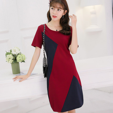 彩黛妃2017春夏新款大码韩版短袖百搭连衣裙女时尚显瘦红格打底裙