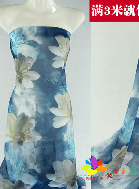 75d印花雪纺面料蓝色底水墨荷花夏季古风汉服襦裙连衣裙服装布料