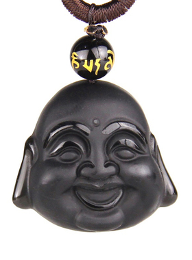 天然黑曜石笑面佛吊坠