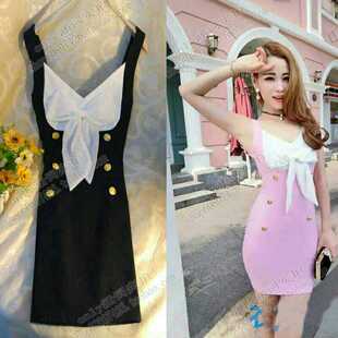 显瘦吊带蝴蝶结包臀裙性感连衣短裙女 气质双排扣修身 夏装 韩版