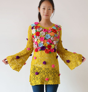 定制 森女系纯手工钩织立体彩花 圆领修身连衣裙子 针织裙衫1047