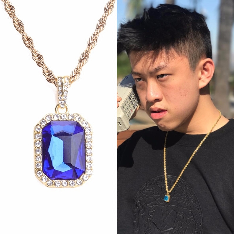 Rich Chigga同款说唱嘻哈 迷你镶钻小宝石吊坠男女红蓝宝石项链