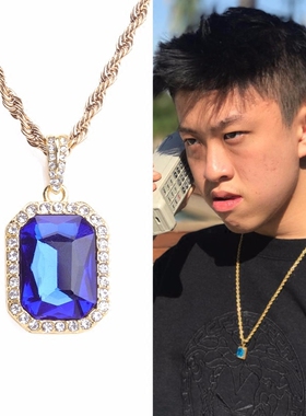 Rich Chigga同款说唱嘻哈 迷你镶钻小宝石吊坠男女红蓝宝石项链