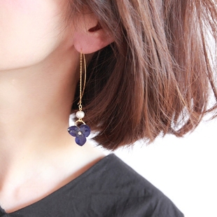 葵子手作 静默深蓝 日本绣球永生花×棉花珍珠包金耳线耳夹