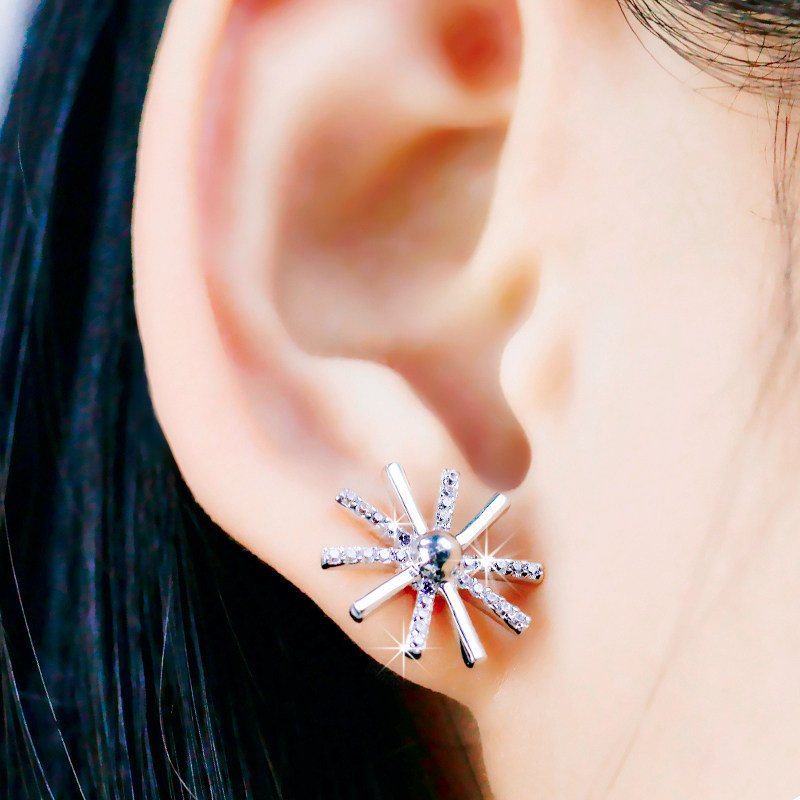 纯银太阳花锆石耳钉雪花耳环