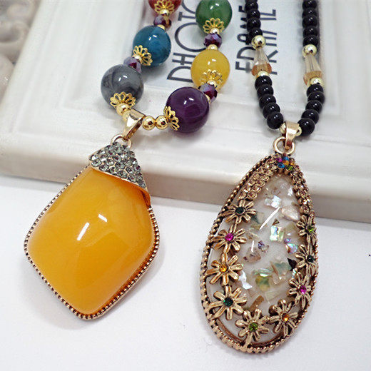 X488"民族风原创仿蜜蜡彩贝长款毛衣链 秋冬复古项链项饰品批发