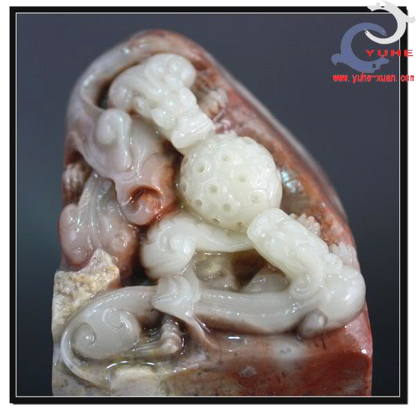 寿山石印章金石篆刻 巧色芙蓉石 螭龙戏珠印钮章篆刻【裕和轩】F7