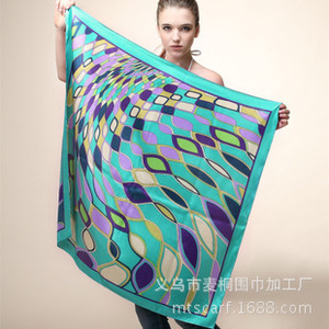 麦桐丝巾 90cm*90cm 水波纹菱形几何图案女士仿真丝丝巾方巾