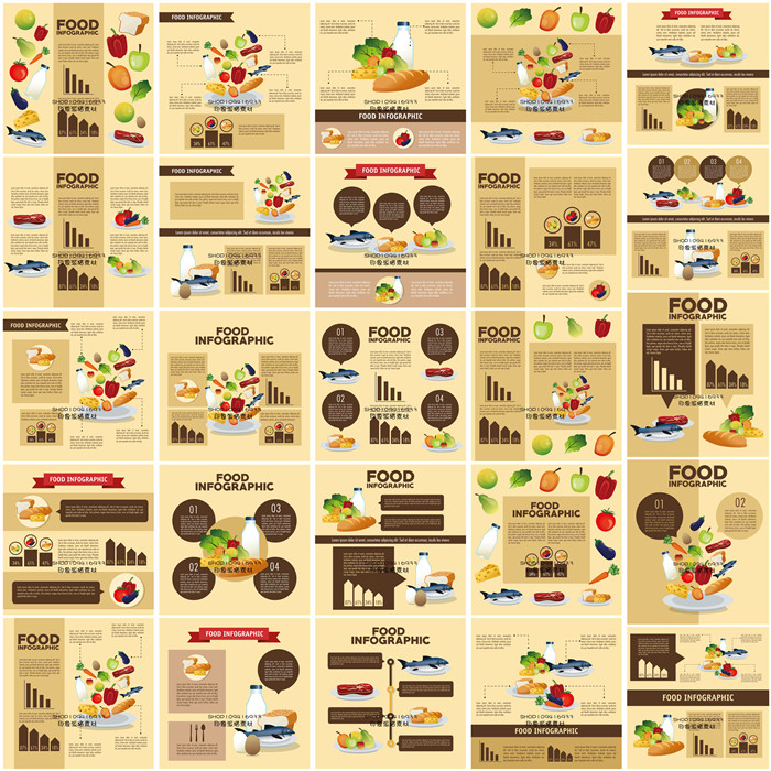 A0045矢量AI设计素材 30张扁平化食物水果蔬菜营养信息图海报图表