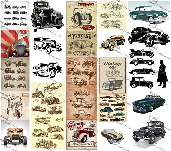 矢量设计素材 欧美复古老爷车汽车手绘线稿彩色卡通UI标志海报EPS