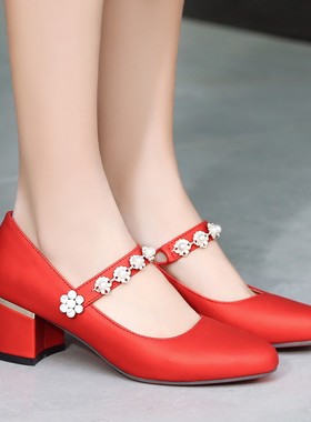 鞋子米色墨绿色红色婚鞋新娘粗中跟单鞋特大码鞋小码鞋 31-48 YYA