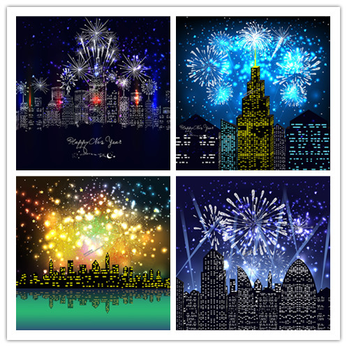 A0631矢量城市夜景烟花绽放新年快乐 AI设计素材
