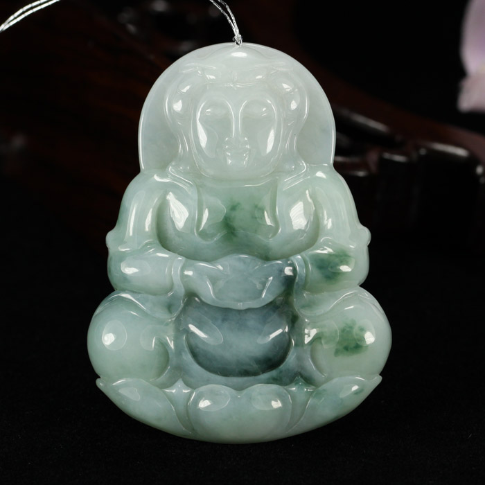 正品A货天然老坑翡翠玉 正装飘蓝花多宝观音菩萨吊坠挂件证书包邮