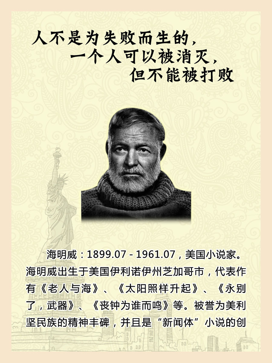 729海报印制展板写真喷绘668校园文化历史名人海明威名言简介画像