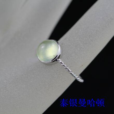 泰银 925纯银泰银曼哈顿 正品镀白金天然葡萄石圆面戒指12-14