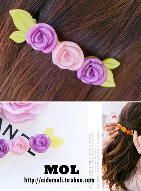韩国进口 发饰 RENA C/RC 蔷薇花 三朵花 花朵 叶子 发夹 边夹