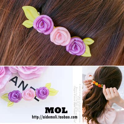 韩国进口 发饰 RENA C/RC 蔷薇花 三朵花 花朵 叶子 发夹 边夹