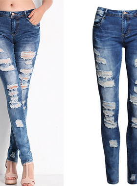 170703速卖通EBAY欧美精品弹力破洞Boyfriend铅笔小脚