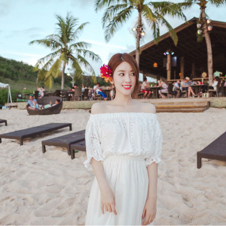 2018 summer new pattern Ultra cents Word collar Hollow Solid strapless Sandy beach Bohemia Dress longuettein the Women's clothing/Boutique , Dress  category - from Buy2taobao.com to provide professional Taobao agent buy service