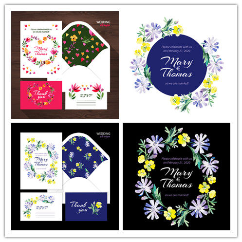 矢量设计素材 水彩花朵风格婚礼邀请卡模板 eps格式源文件