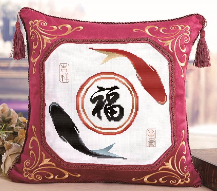 新款绒布印花十字绣抱枕客厅沙发汽车靠垫 团圆富余,居家布艺,十字绣套件,淘宝优惠券,粉丝福利购,淘宝优惠卷