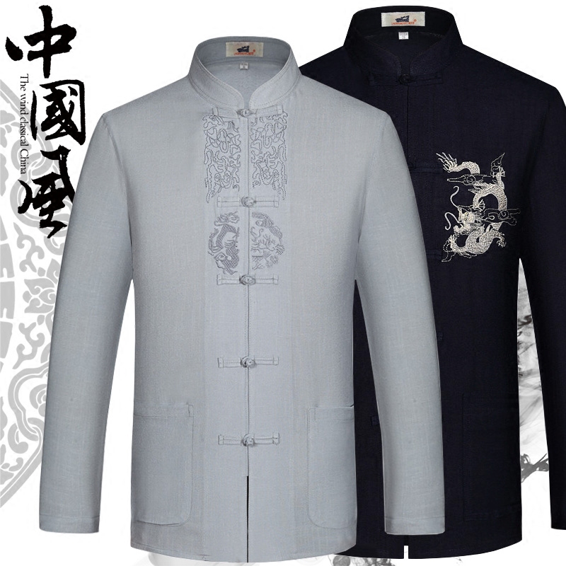 中老年人唐装长袖男士居士服立领