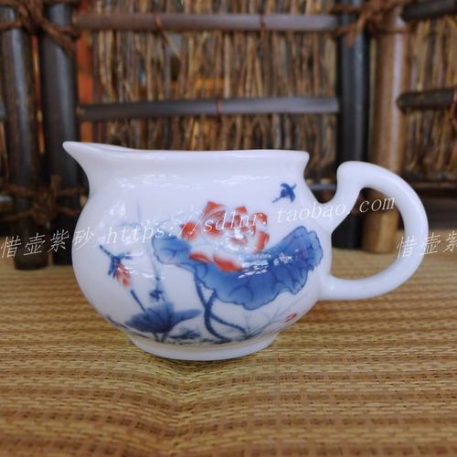 景德镇陶瓷茶具 荷花茶备 青花瓷釉下彩瓷入梦茶海 公道杯