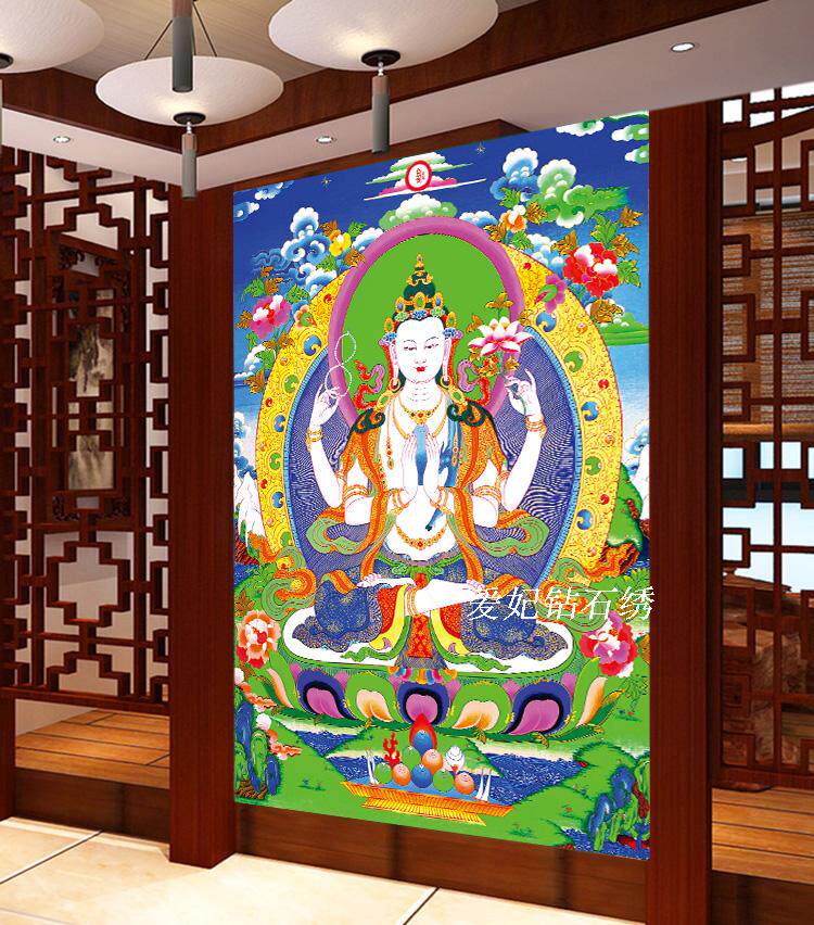 客厅DIY方钻满钻钻石画贴钻印花十字绣砖石绣唐卡四臂观音菩萨