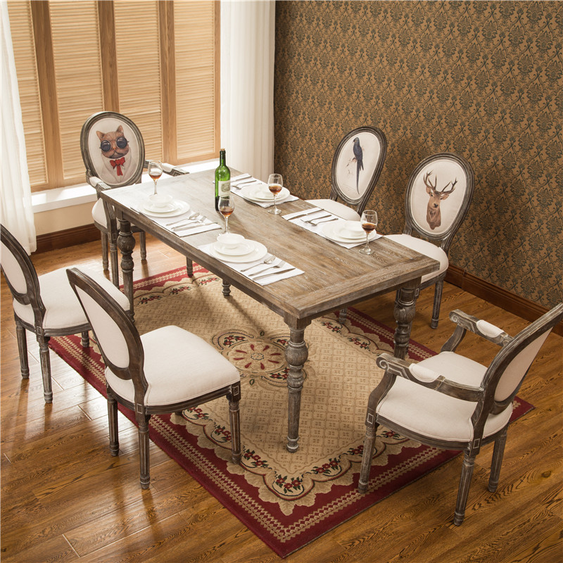 欧式美式餐桌组合实木桌子复古做旧拉丝松木餐桌法式餐厅简长方桌-封面