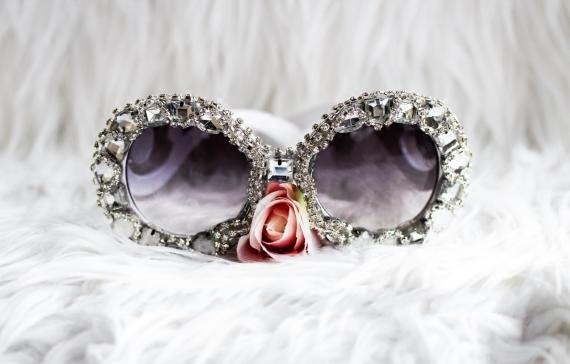 White㊣美国代购 手作特别复古别致水晶装饰圆形墨镜眼镜太阳镜