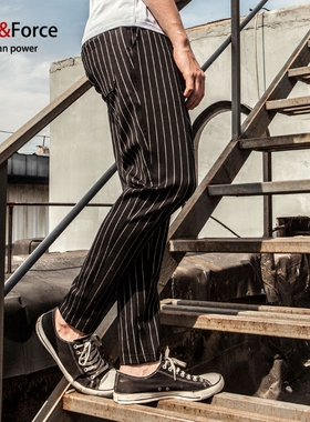 Ares＆Force欧美潮男条纹锥形裤 poppin裤 加肥加大码宽松小脚裤