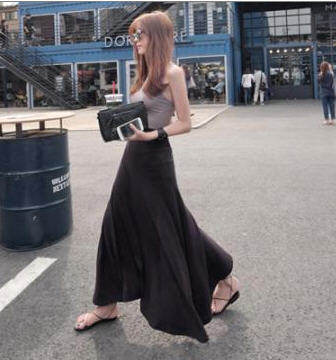 韩国现货夏黑灰色新款2023高腰中长款半身显瘦高宽松大摆纯色裙子