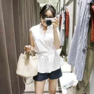 k461好品质韩国腰部松紧收腰显瘦纯棉无袖 上衣通勤 女衬衫