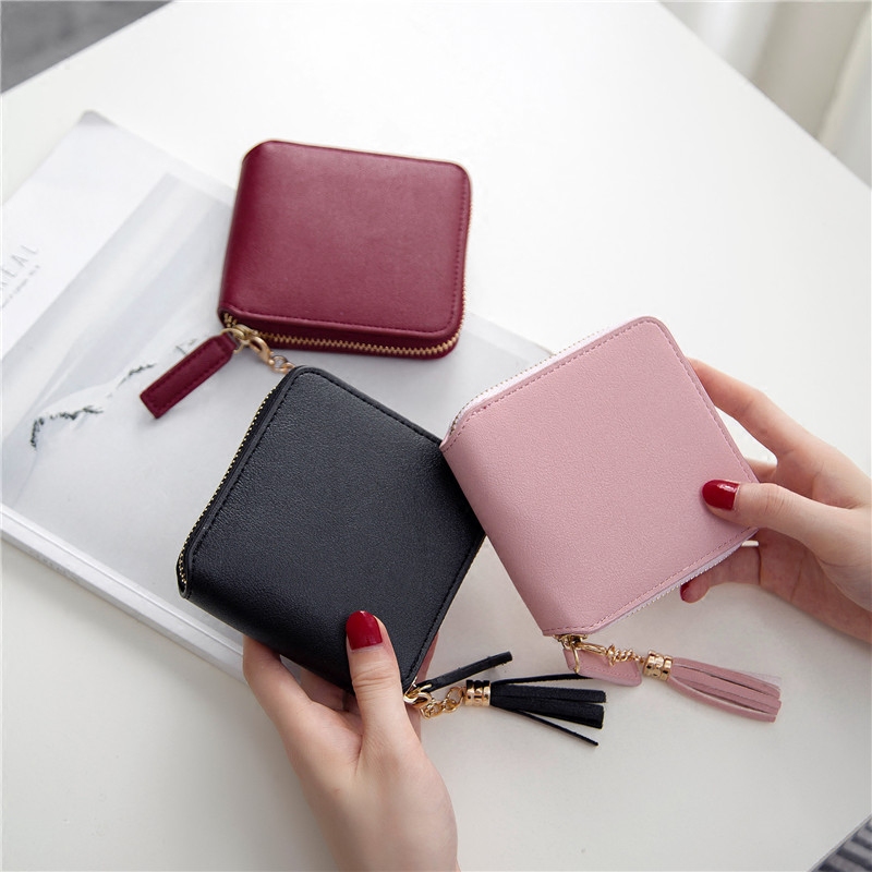 新款流苏迷你拉链短款钱包女士方形两折小零钱包简约时尚小钱夹潮