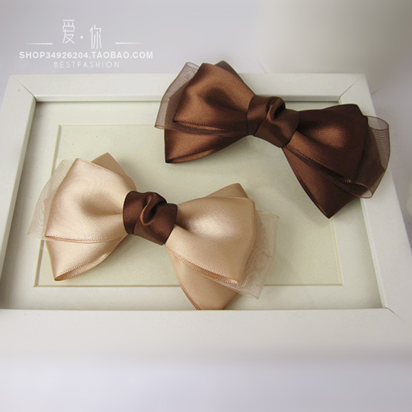 韩版高端手工原创发饰头饰品顶夹发卡弹簧夹蝴蝶结咖啡色与香槟色