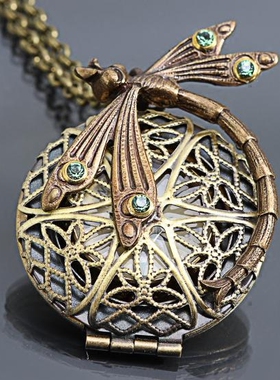 Locket㊣美国代购 手作仿古蒸汽朋克蜻蜓图案指南针小盒项链
