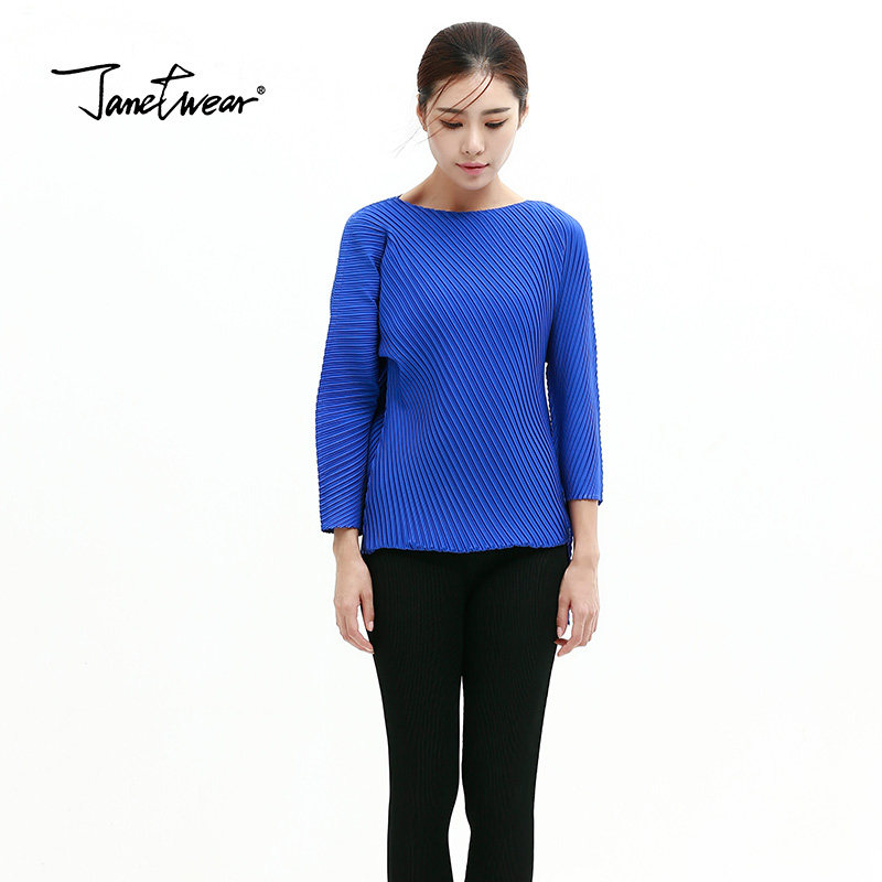 三宅褶皱一生秋装上衣中袖T恤雪纺衫不规则气质OL大码女装