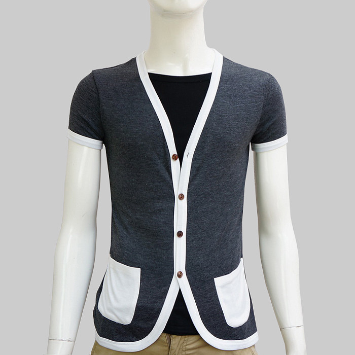 非主流日韩版男士修身开衫t恤夏装潮流外套个性拼色假两件短袖T恤