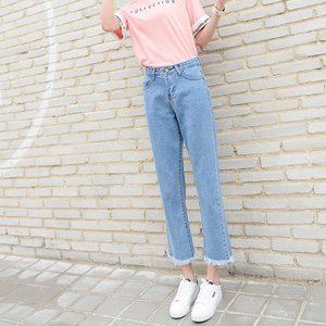 高腰宽松九分牛仔裤