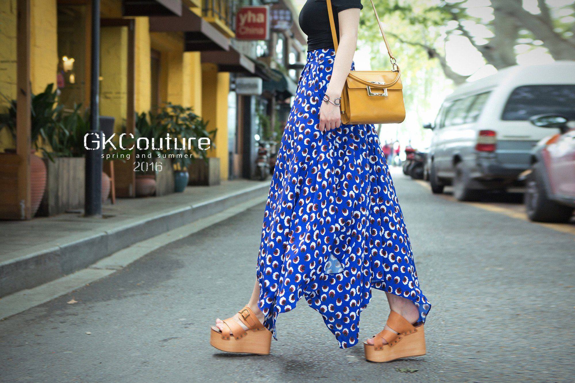 双11五折★gkcouture 甜美风不规则蓝色孔雀印花 雪纺半身长裙