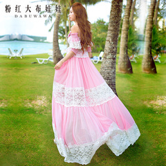 2015 dress big pink doll summer styles dresses women's clothing to spell sweet nude lace shoulder dress