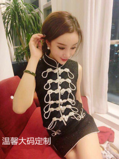 2022年春夏新款 胖mm名媛重工钉珠开叉旗袍复古薄棉闪金连衣裙 大码