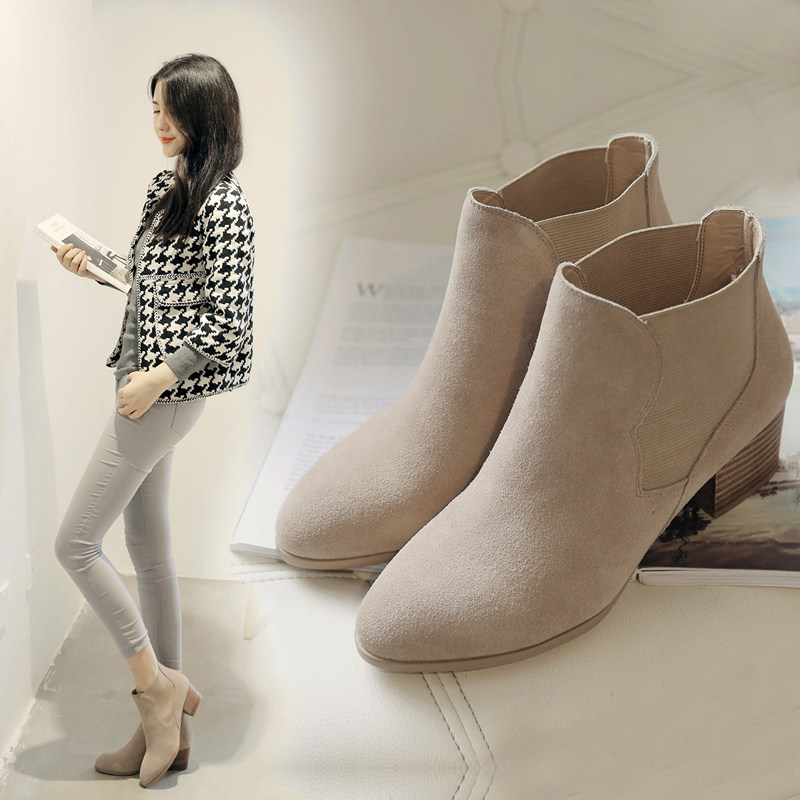 韩版秋冬真皮中粗跟短靴尖头马丁靴切尔西单靴高跟女靴子裸靴女鞋在类目 女鞋, 靴子中 - 来自Buy2taobao.com提供专业的淘宝代购服务