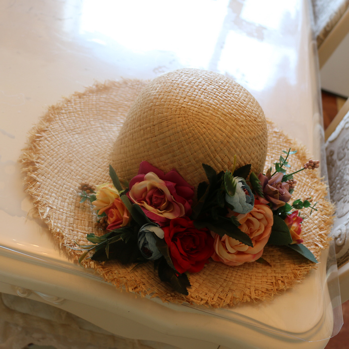 英伦复古风拉菲草花朵遮阳帽子