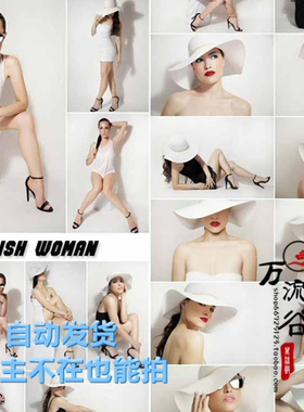 白色衣服时尚美女戴反光墨镜带帽子摄影照相片 JPG平面设计素材