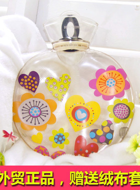 外贸正品透明PVC热水袋圆形印花防爆灌冲水注水暖水袋1升送绒布套