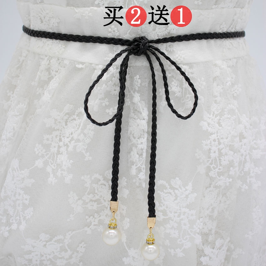 编织流苏细腰带女细装饰连衣裙腰绳韩版简约百搭黑色绳子打结腰链