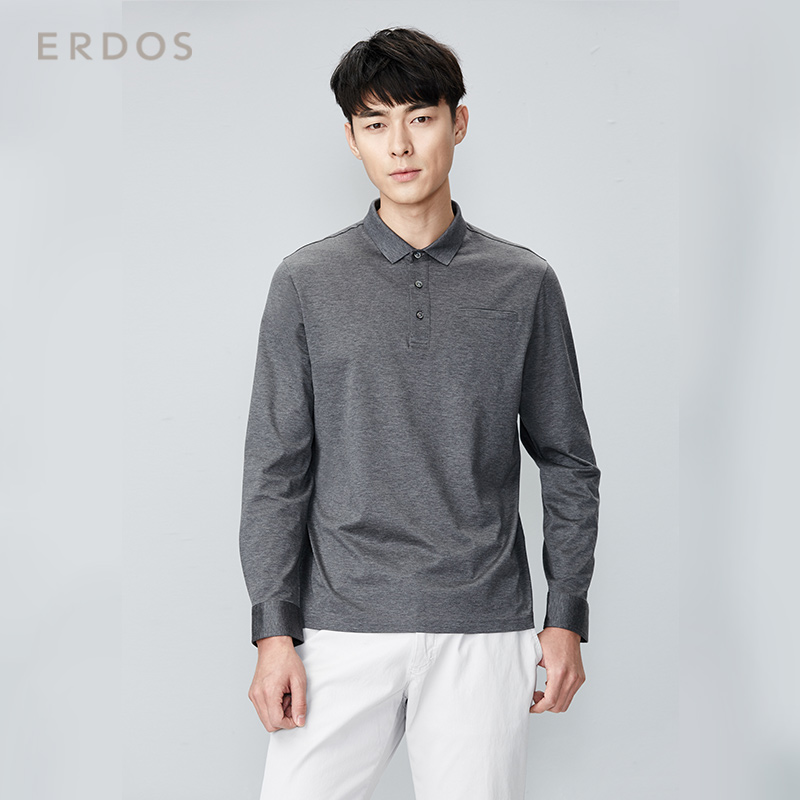 ERDOS 春夏商务休闲纯色小翻领口袋长袖纯棉男T恤 E175H1087